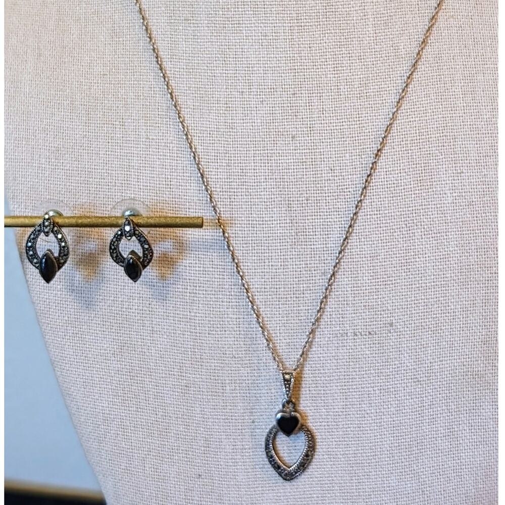 Vintage Onyx Marcasite 925 Sterling Necklace & Earring Set